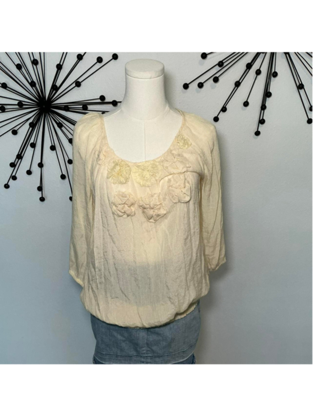 Light yellow lace floral boho blouse sheer flowy top